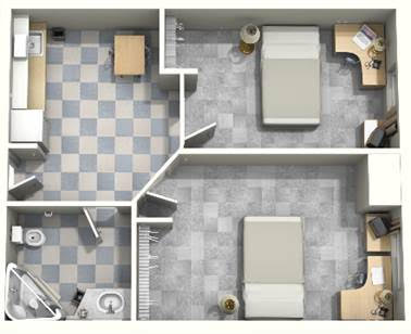 90U Residence Dorms consist of 2 adjoining single rooms with a shared bathroom and kitchenette (with individual keys). | Les résidences 90U se composent de deux chambres individuelles communicantes avec une salle de bain et une cuisine communes (avec clés individuelles).